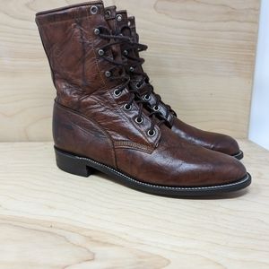 Justin Lace Up Brown Leather Western Roper Boots Size 8B Excellent Condition